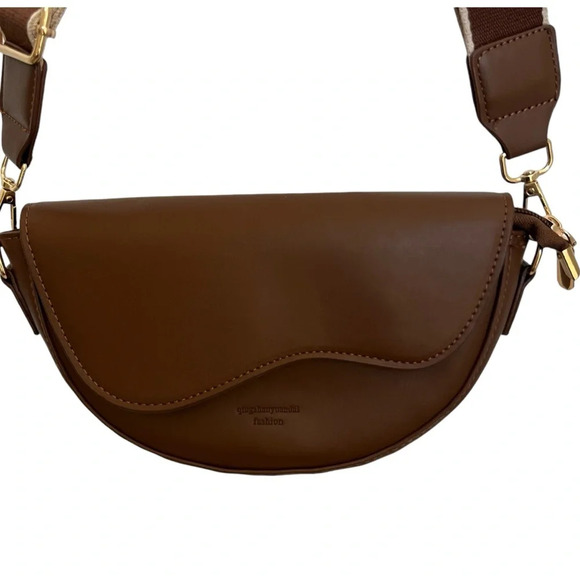 Vegan Leather Crescent Shoulder handbag with Adjustable Guitar Strap Brown - Picture 4 of 10